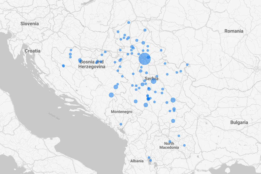 Broj prijava po mestima na karti regiona