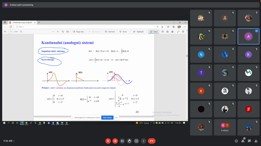 Slika prezentacije iz uvoda u digitalnu obradu signala na slajdu iz kontinualnih (analognih) sistema, unutar Google Meet sastanka sa polaznicima.