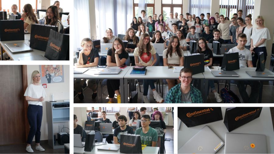 A collage of photos showing camp participants with Continental gifts and a representative of the company.